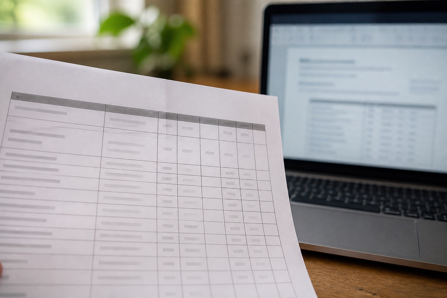 A printed table whose columns have drifted, next to a laptop