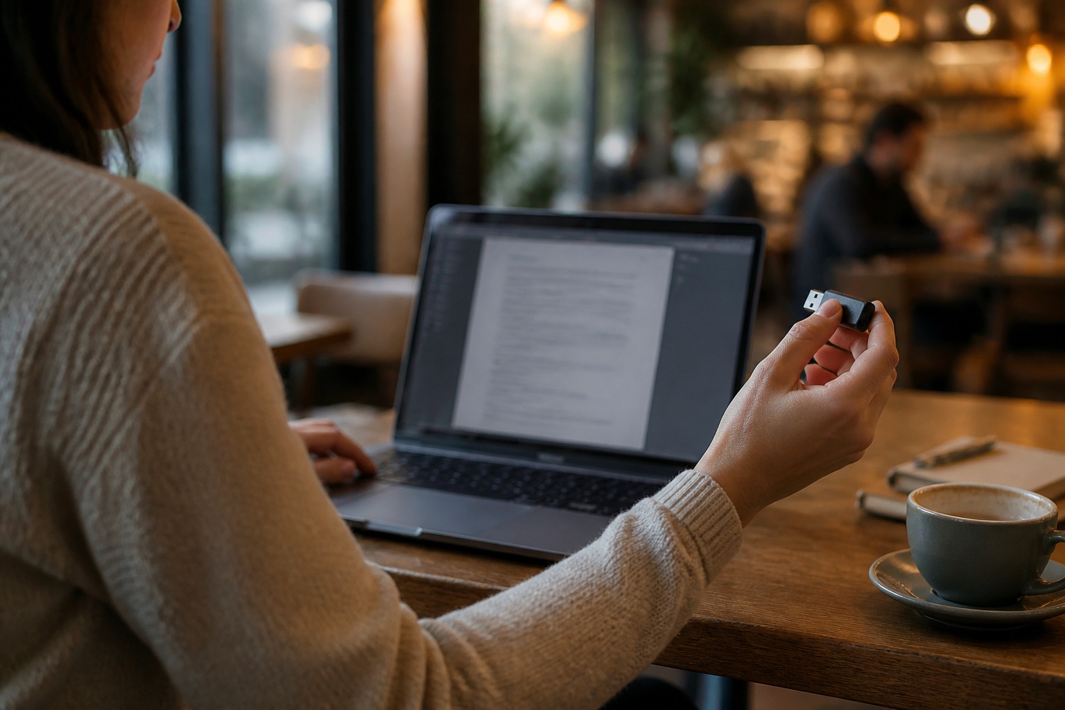 A laptop on a café table with a USB stick, the file leaving by hand
