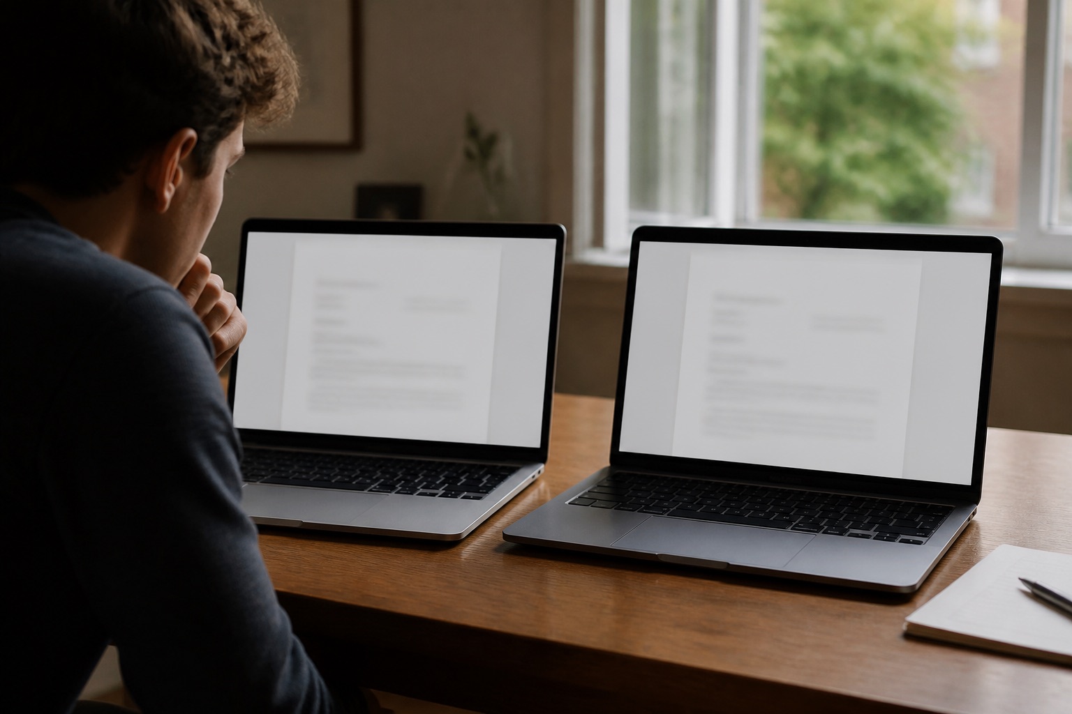 Two laptops side by side, someone checking the same document on both before sending