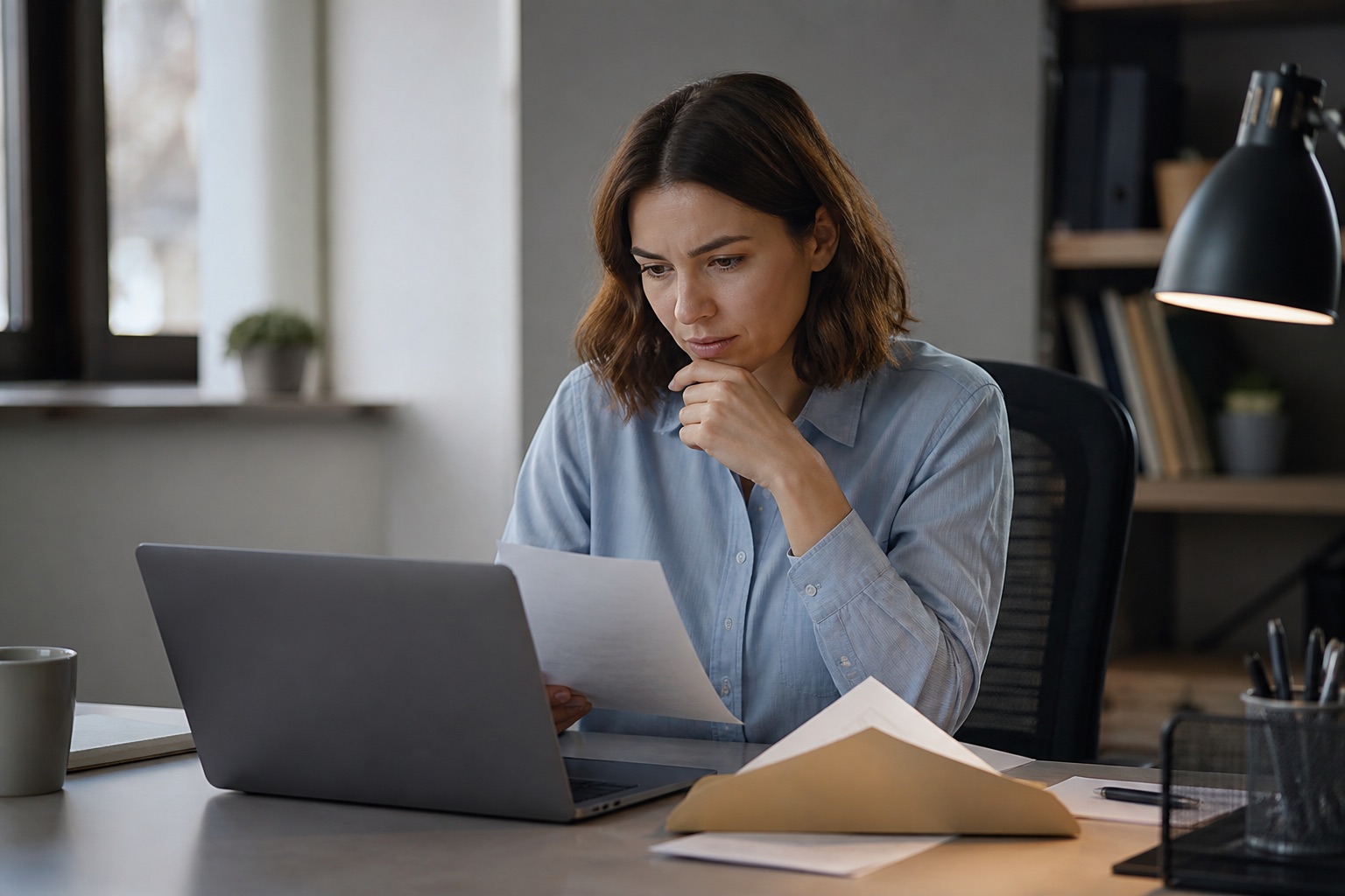 Someone working alone at a laptop with an envelope nearby