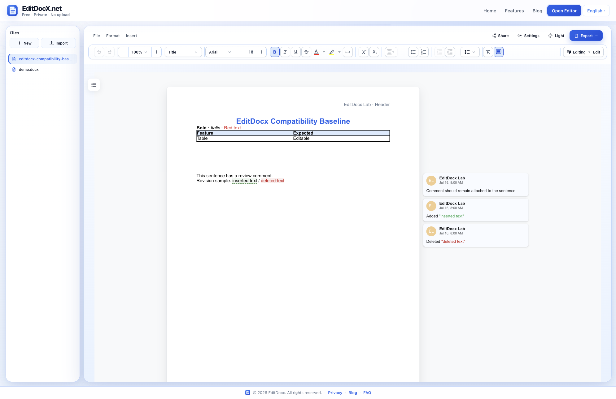 EditDocx showing the public compatibility fixture with styled text, a table, header, comments, and tracked revisions